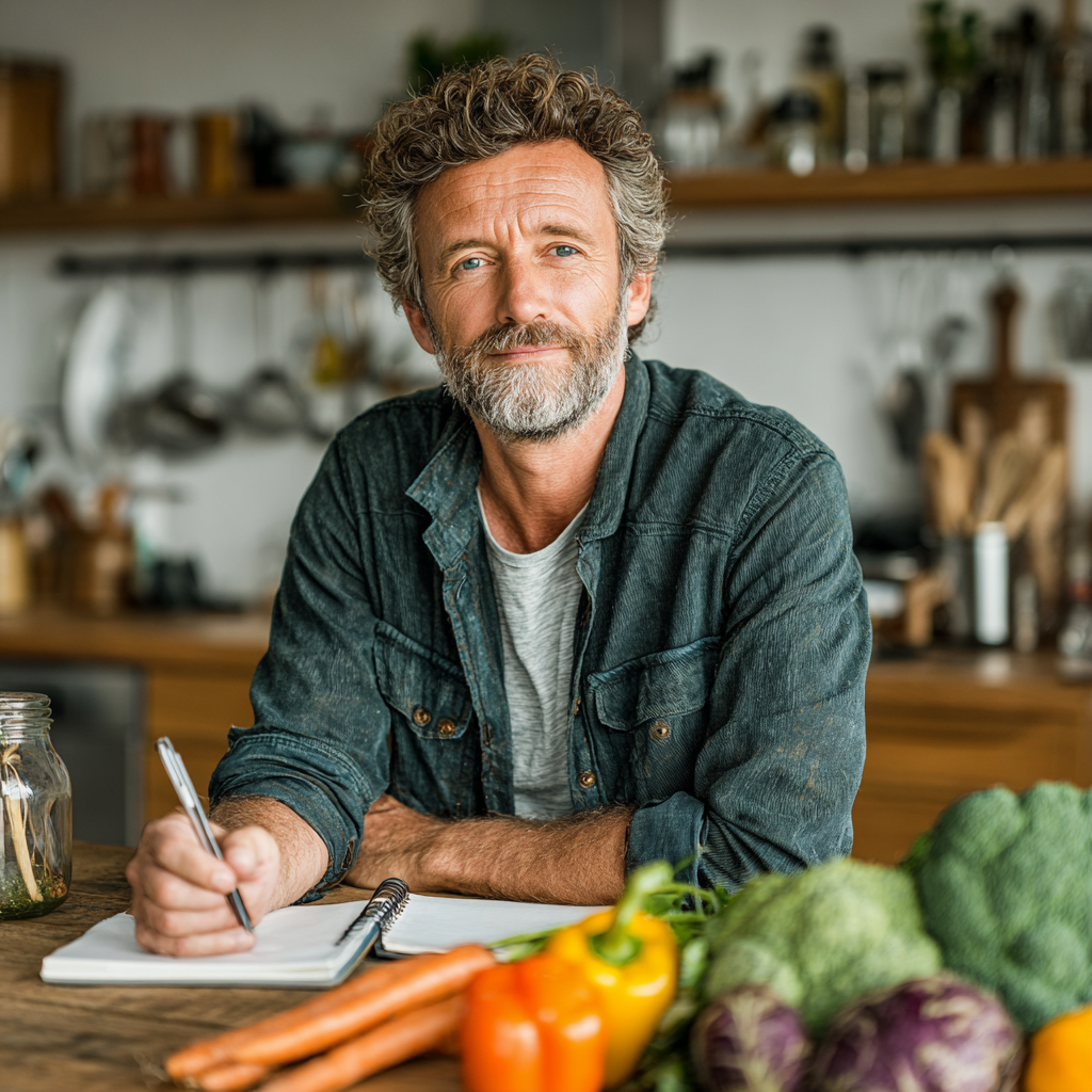 Middle-aged man in his early fifties wearing casual clothing, sitting at a bright kitchen table with fresh vegetables and a notebook, looking content while planning his weekly meals