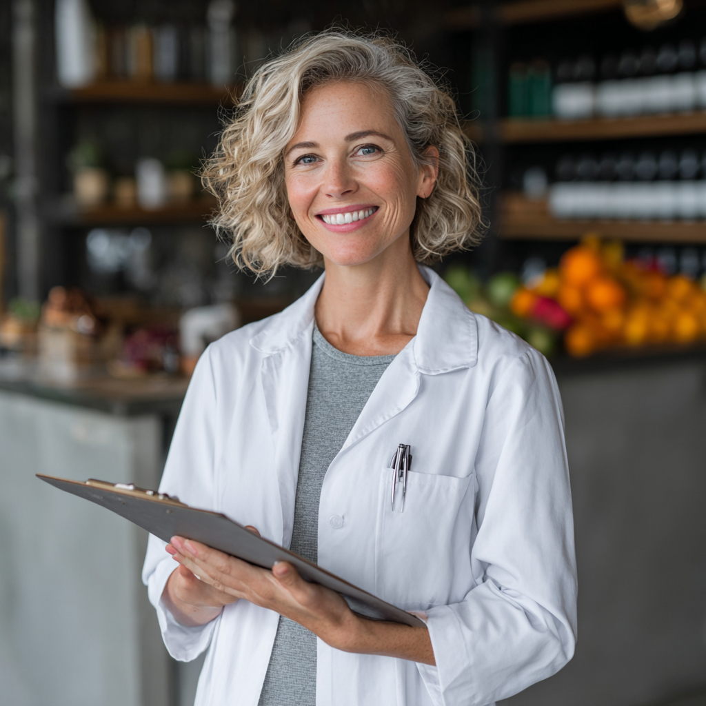 Professional nutritionist woman in her forties wearing a white coat, smiling confidently while holding a clipboard with nutrition plans, standing in a modern wellness consultation room